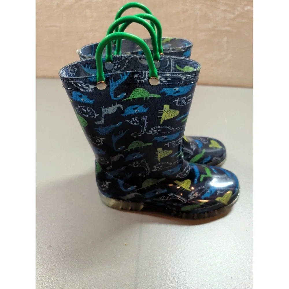 Kids Dinosaur Print Rubber Rain Boots Blue Green‎ Waterproof Pull On Size 7